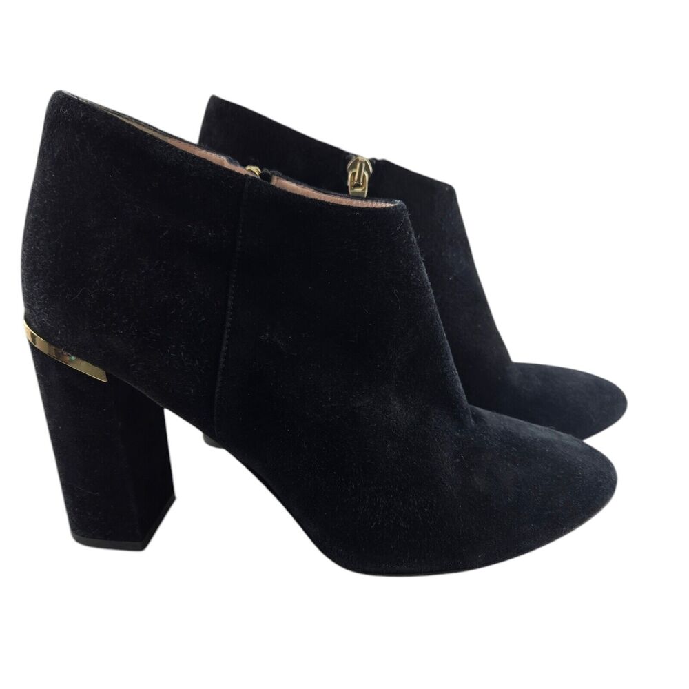 Kate Spade Ankle Boots Womens 8.5‎ Darota Black Suede Heeled Gold Tone Details - Picture 2 of 10